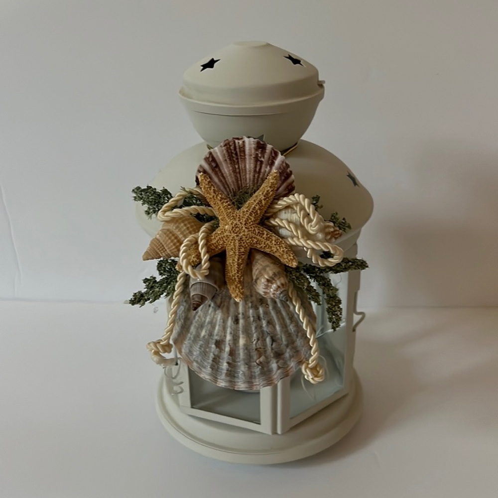 Tealight Lantern Seashells Off White Cut Out Stars Top Glass Panels Etched Stars